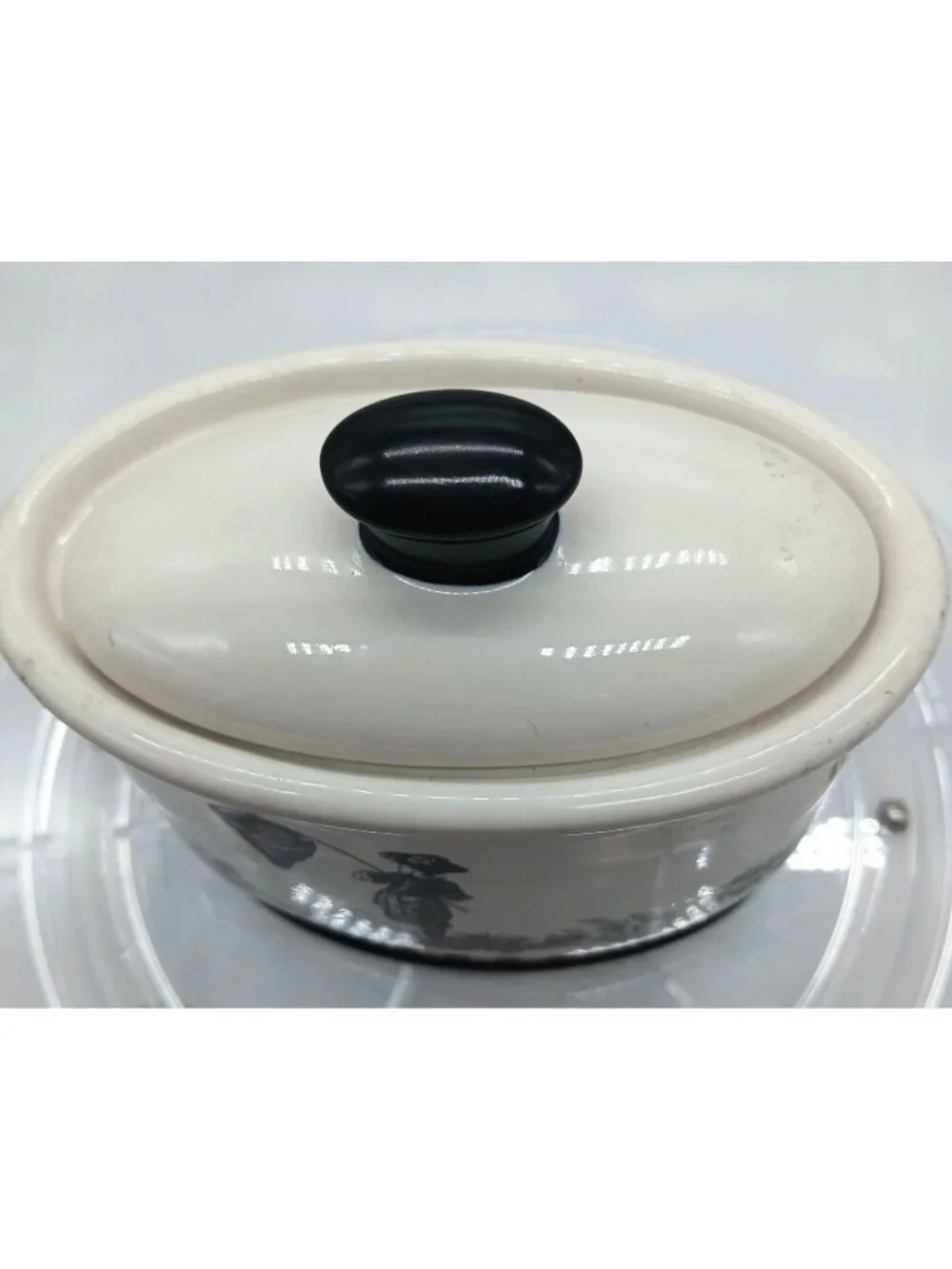 Vintage Waverly County Life Ceramic Lid Container Black White Toile Small Bath